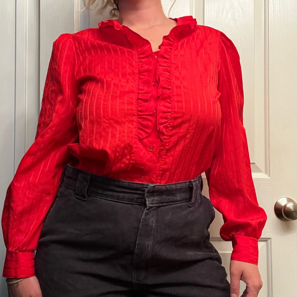 Vintage Red Striped Ruffle Blouse